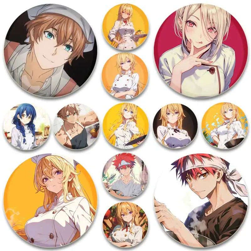 Food Wars! Shokugeki No Soma Cartoon Tinplate Pins Round Snap-in Brooches for Backpack Accessories Anime Collection Badge Gift