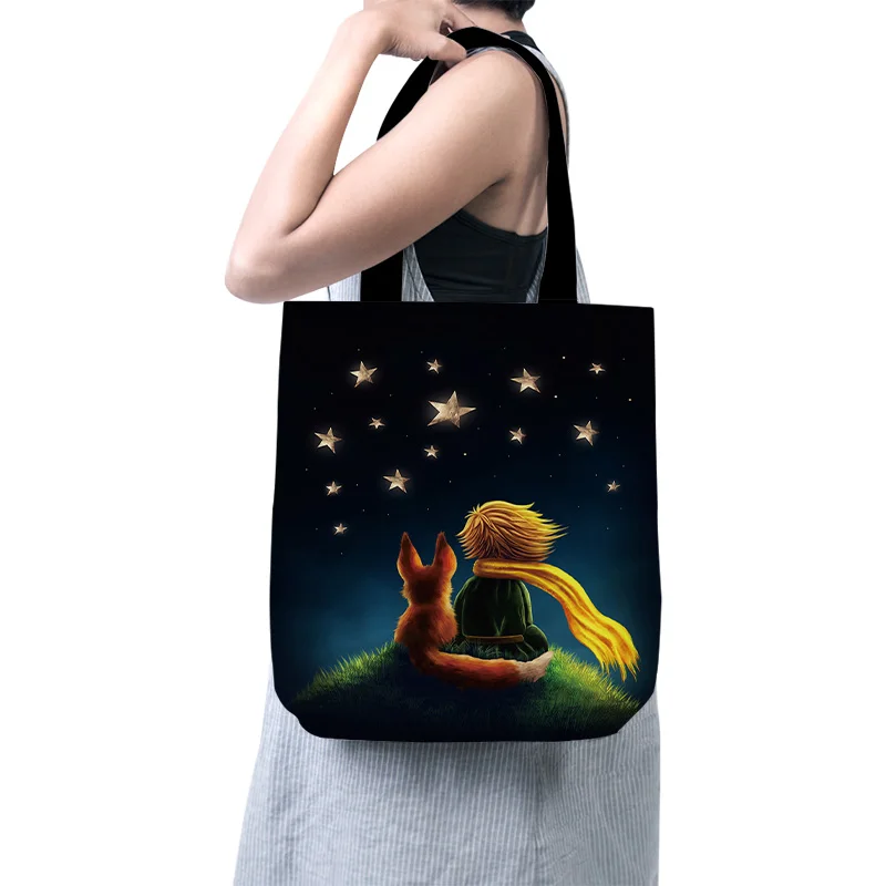 

Cartoon Little Prince Women Canvas Shopper Bag with Handle Funny Eco Foldable Reusable Tote Bag Book Key Phone Shopping Bag