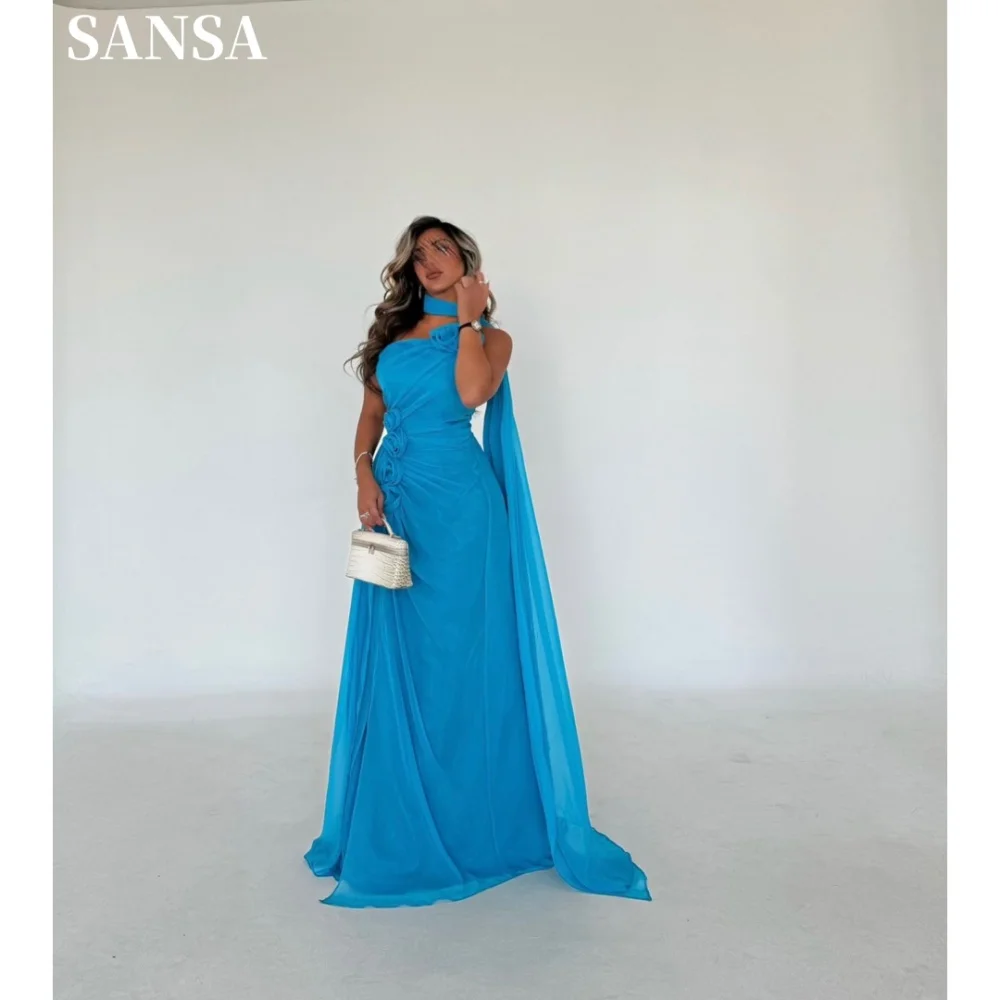 

Sansa Formal A-line Blue Chiffon Evening Dress Halter Neck 3D Floral Floor-Length Wedding Dresses Sleeveless vestidos de fiesta