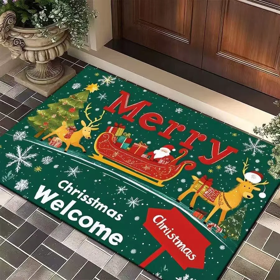Festive Green Santa Sleigh Welcome Enjoy Christmas Doormat Non Slip Entrance Rug For Winter Holiday Front Door Decor Gift