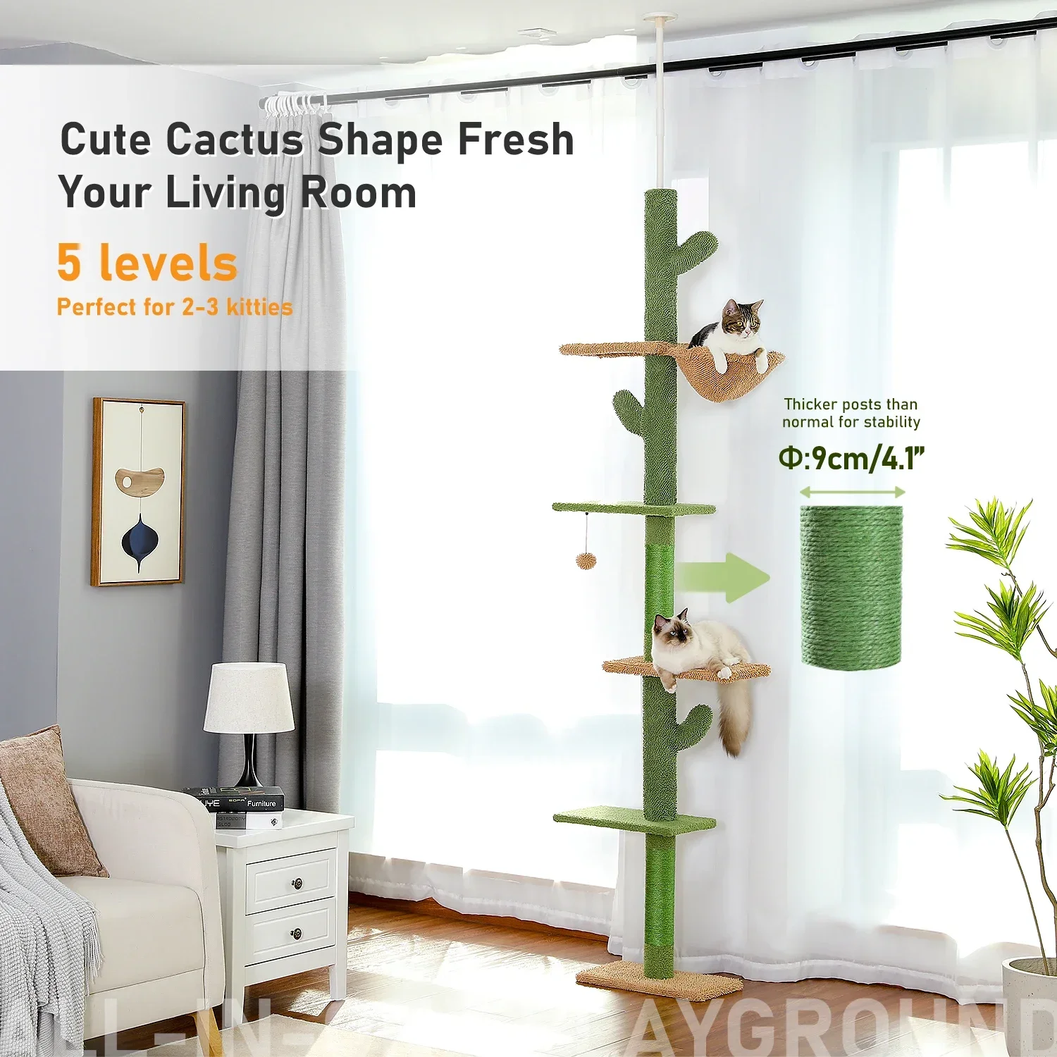 Cactus Cat Tree Floor to Ceiling for Indoor Cat 5-level Adjustable Tall Tower Natural Thicken Scratching Post   cat tree house