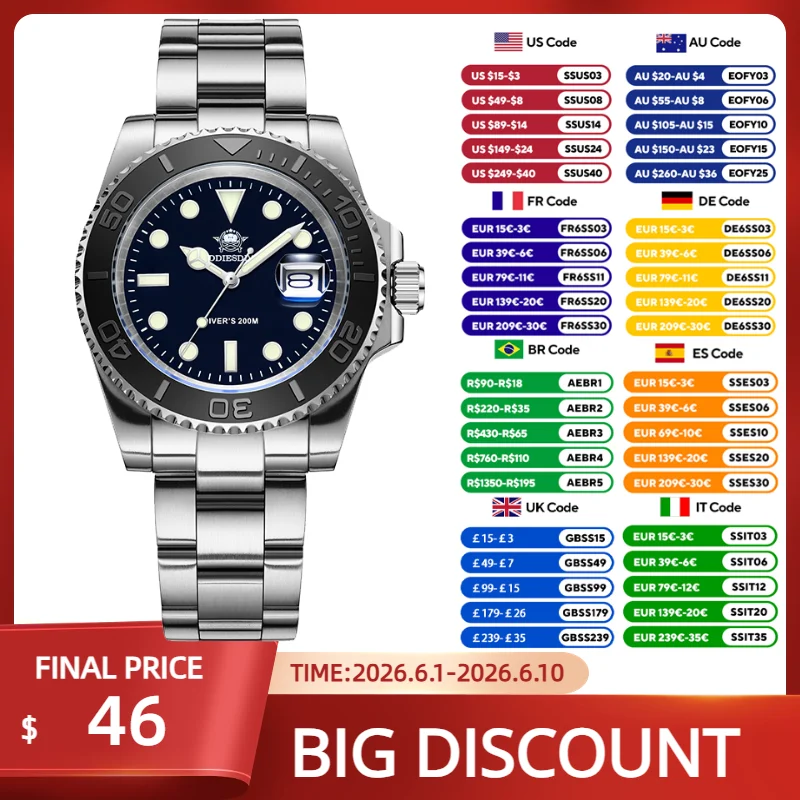 

ADDIESDIVE Luxury Watches Man High Quality Calendar Japan 2115 Quartz Watch 200m Waterproof Luminous Stainless Steel Watches