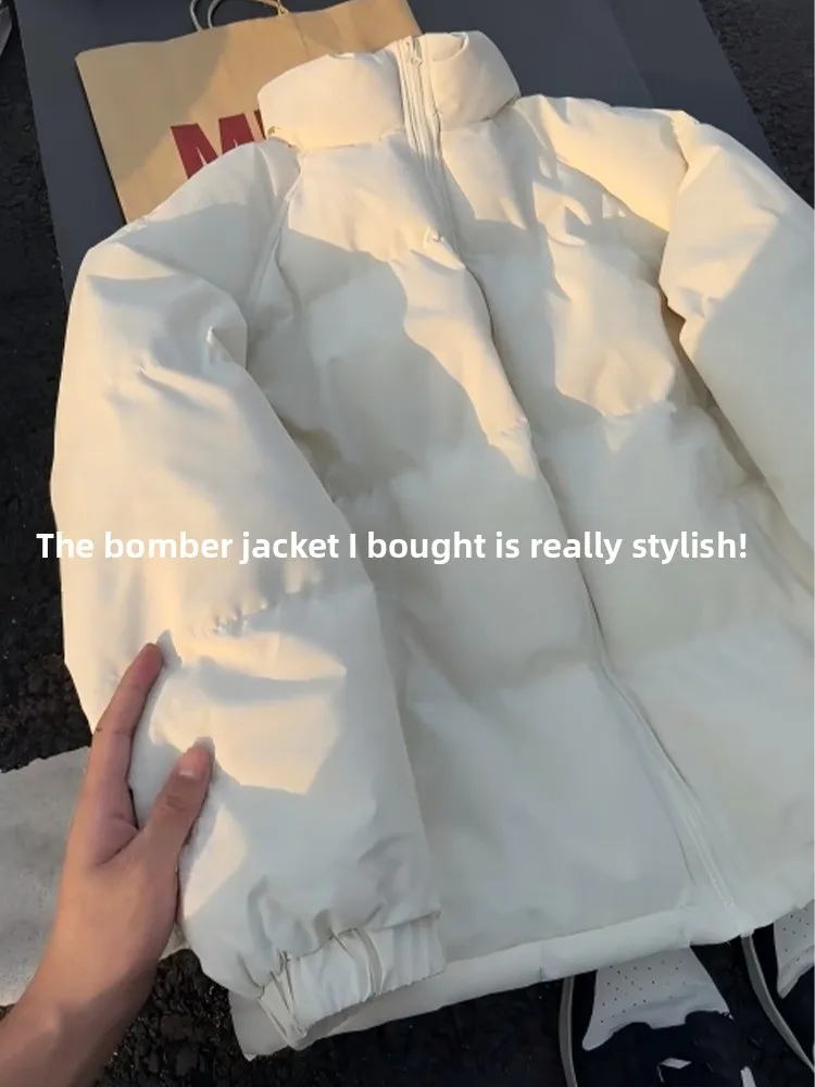 Men's ort Thiened Stand Collar down Cotton Jaet Moccasin Color Winter Outerwear Warmth Bread Sle Casual Bomber