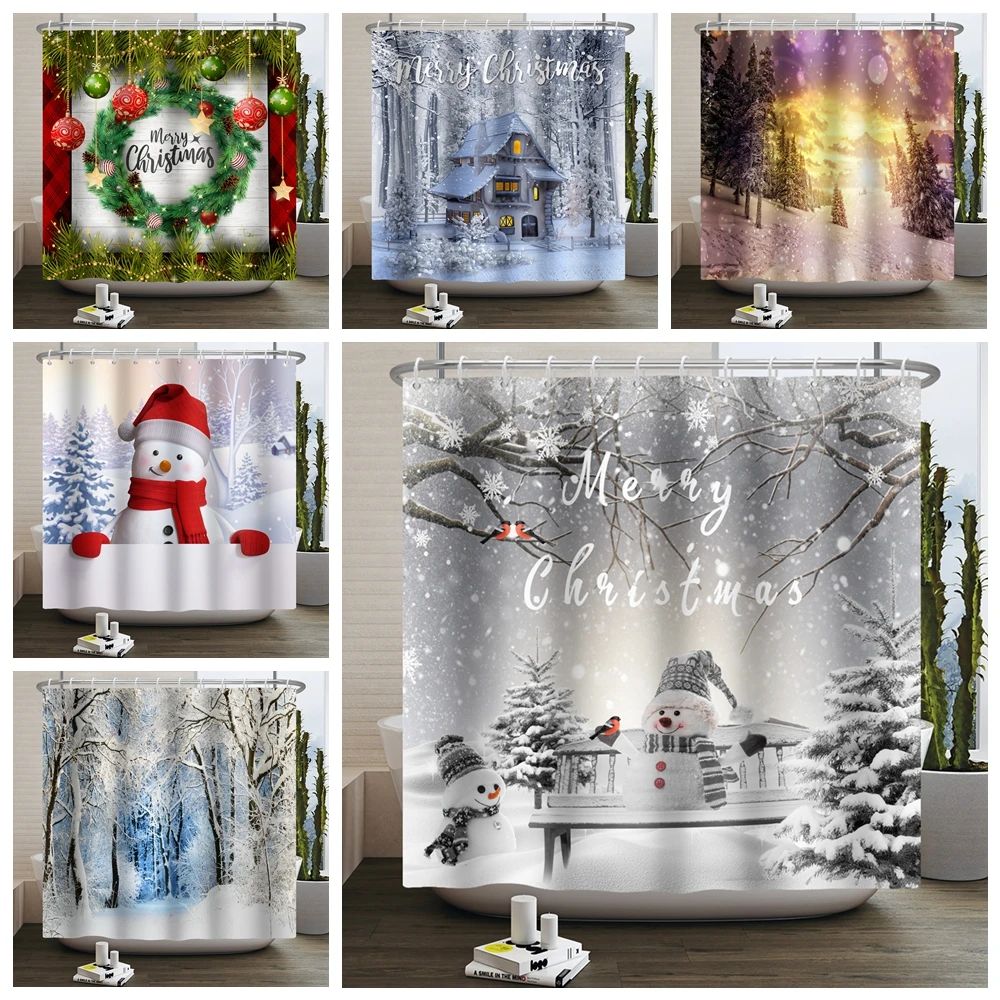 

Christmas Shower Curtain Xmas Tree Winter Forest Snow Cute Snowman Bathroom Shower Curtain Waterproof Bath Curtain With Hook