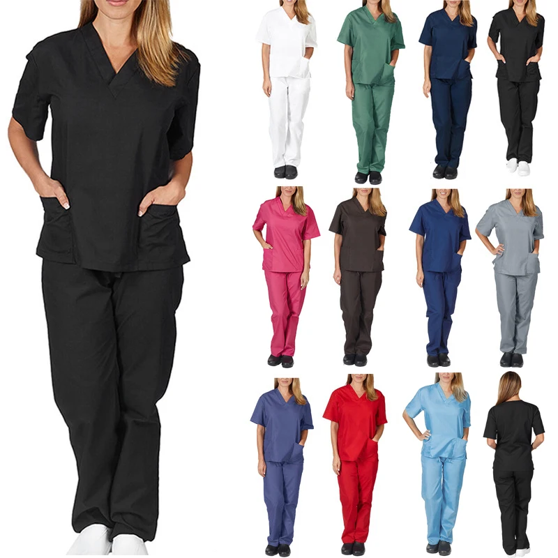 

New Nurse Uniform Suit Women's Short Sleeve Blouse V-neck Shirt Tops+Elastic Pants 2pcs Set Worker Doctor Frosted Nursing Scrubs