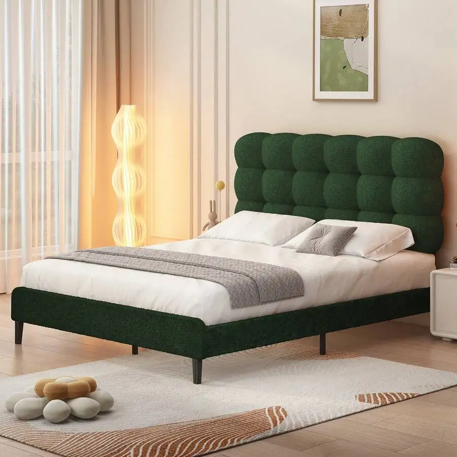 Upholstered Platform Bed Frame With Headboard, Boucle Upholstered Bed Frame With Strong Wooden Slats Support, Two Bed Forms Design, Bedroom Furniture, No Boxing Spring Needed, Easy Assembly