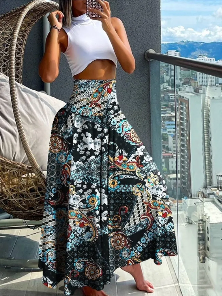 Summer High Waist Printing Elegant Skirt Women Fashion Boho Holiday Beach Skirt Female 2024 Casual Long Skirts