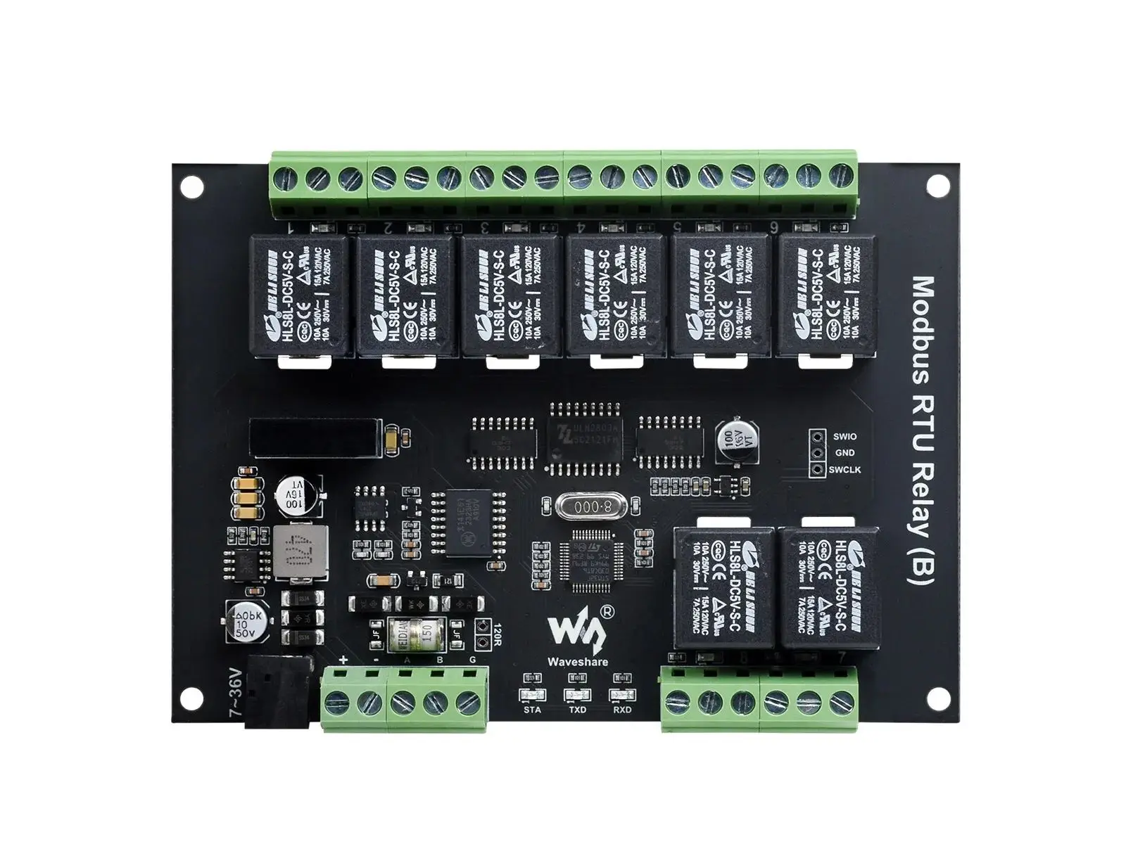 Waveshare Industrial Modbus RTU 8-ch Relay Module (B) with RS485 Interface, Multi Isolation Protection Circuits, 7~36V