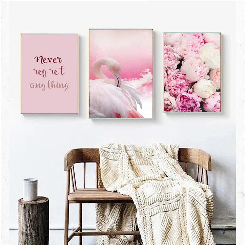 

Flamingo Rose Pink Colorful Home Decor Nordic Canvas Girl Bedroom Living Room Picture Animal Flower Word Print Wall Art Painting