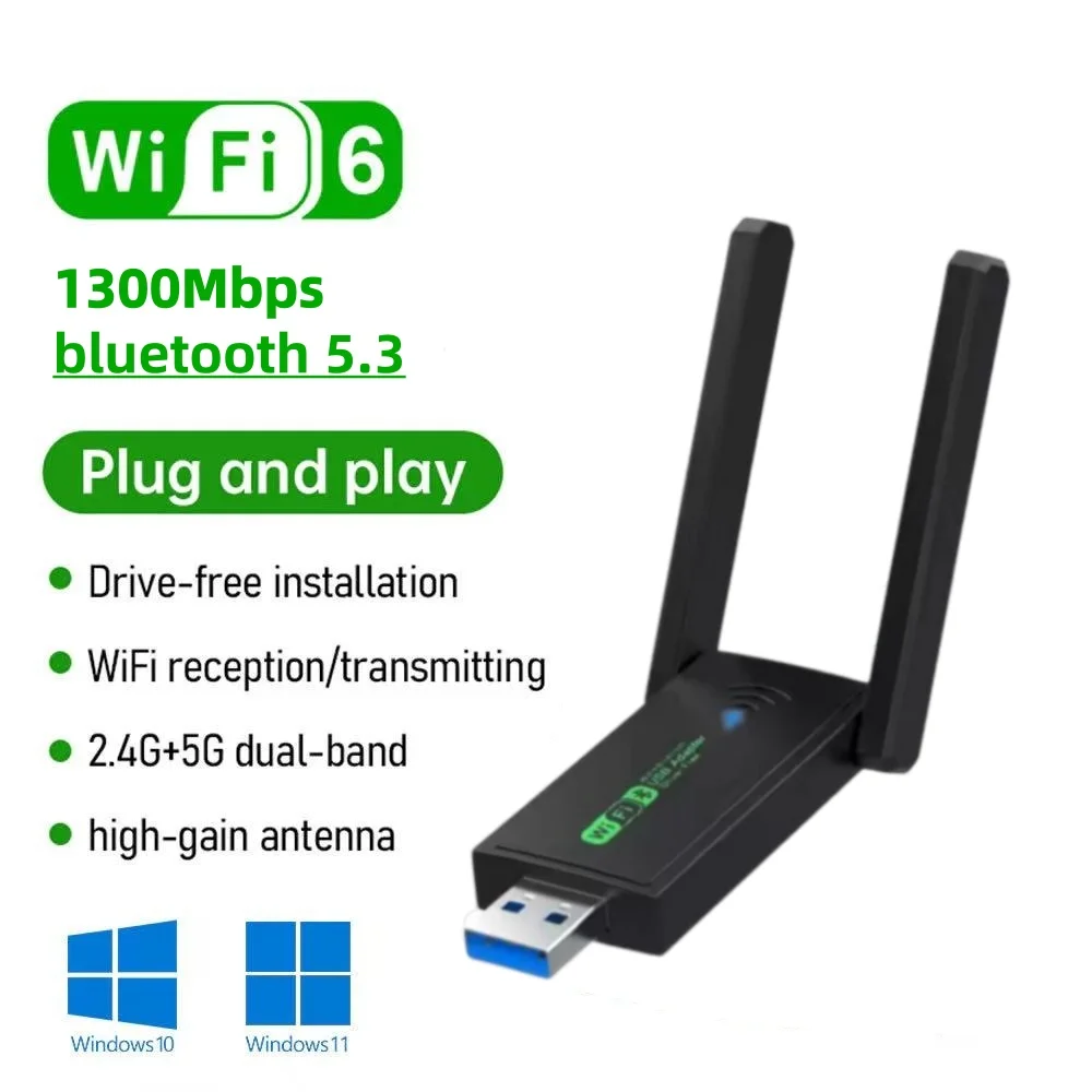 

USB-адаптер AX1300, двухдиапазонный беспроводной приемник 2,4G/5ГГц, 1300 Мбит/с, Bluetooth 5.3, беспроводная сетевая карта, установка без драйверов