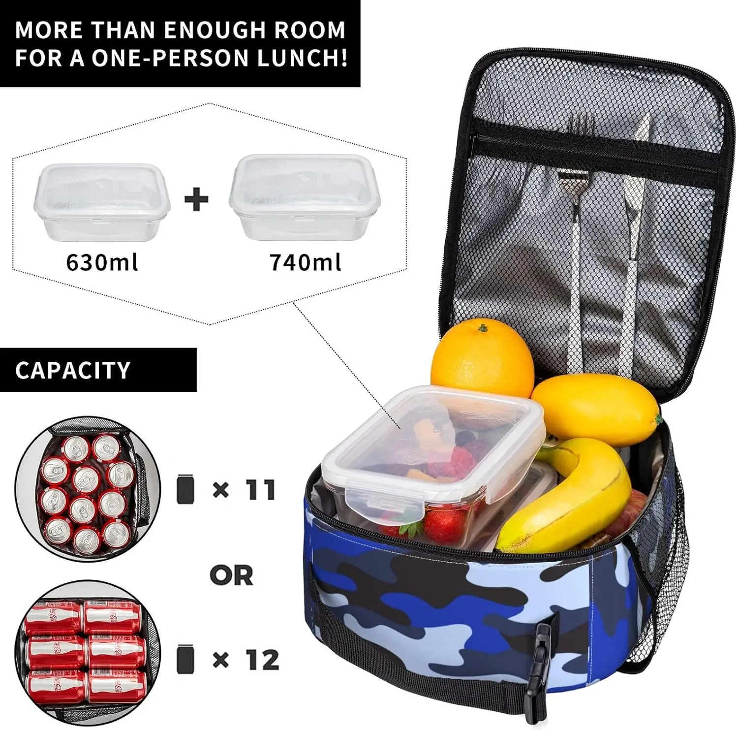 Duurzame Geïsoleerde Lunchbox, Herbruikbare Lunchtas Voor Volwassenen Voor Mannen En Vrouwen, Perfect Voor Werk Picknicks, Blauwe Camo