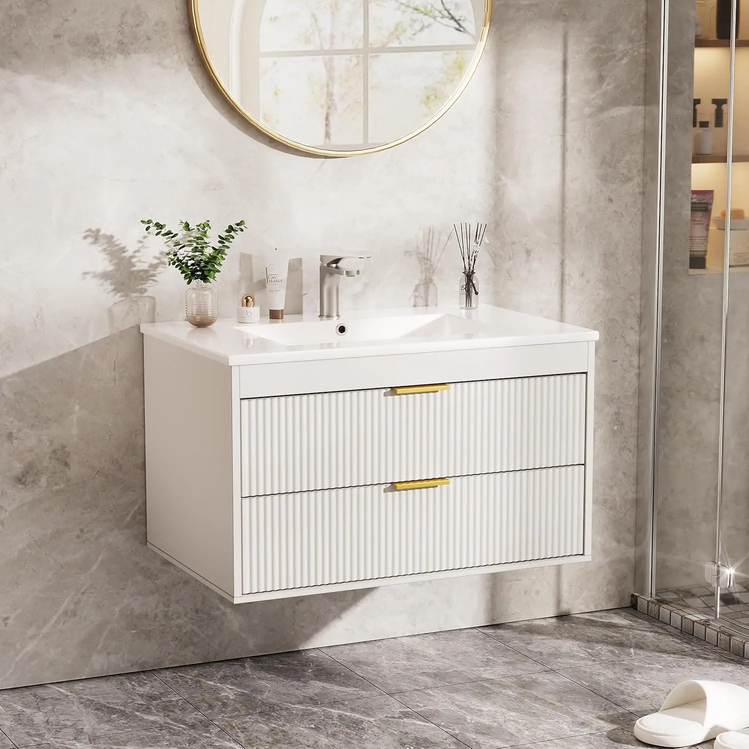 30'' Floating Bathroom Vanities with Sink, Wall Mounted Bathroom Floating Vanity Ceramic Sink,2 Drawers, Soft-Close Doors,White