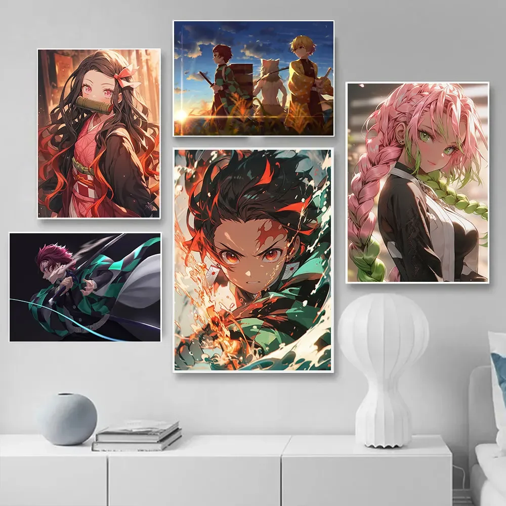 Frameless canvas paintings,Demon Slayer Artwork Poster Japanese Comic Canvas Painting Character Manga Print Living Room Home Dec