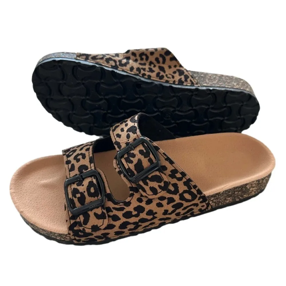 Women\'s Leopard Print Slippers Cork Slippers Women\'s Summer Non-slip Outdoor Flat Bottom Beach Sandals Woman Flat Slippers