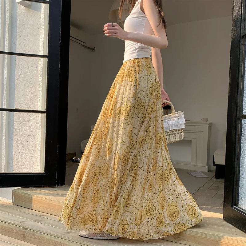 Hawaii Style Yellow Print Chiffon Pleated High Waist Draped Half Skirt Women's Long Gown Floating Style Summer Vacation Skirt