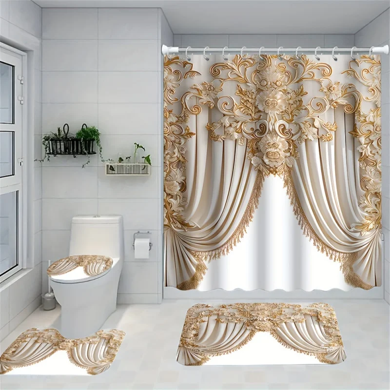 

Открытая 4 шт. Золотисто-желтая занавеска для душа, набор декоративных занавесок для ванной комнаты, включая водонепроницаемая занавеска для душа, нескользящий Floo