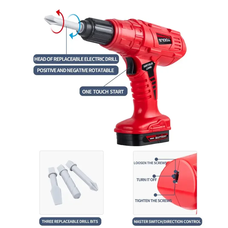 42 Uds. Caja de herramientas para niños, taladro eléctrico de juguete, herramientas de reparación de simulación para niños, juguetes para el hogar, juguetes de estudio de construcción para niños