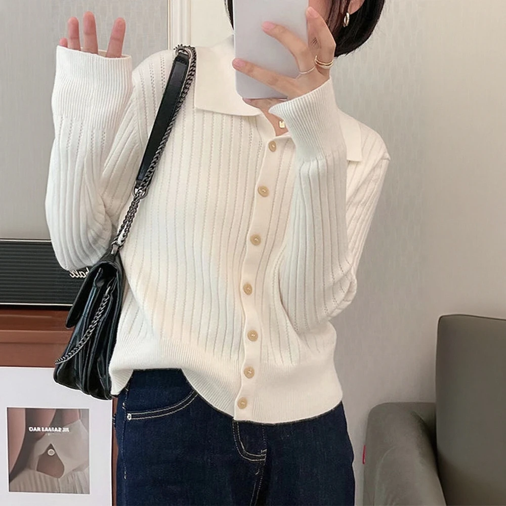 سترة نسائية كاجوال برقبة دائرية مفتوحة من الأمام وأكمام طويلة مزودة بأنبوب مستقيم بدون ديكور ملابس خارجية محبوكة #1