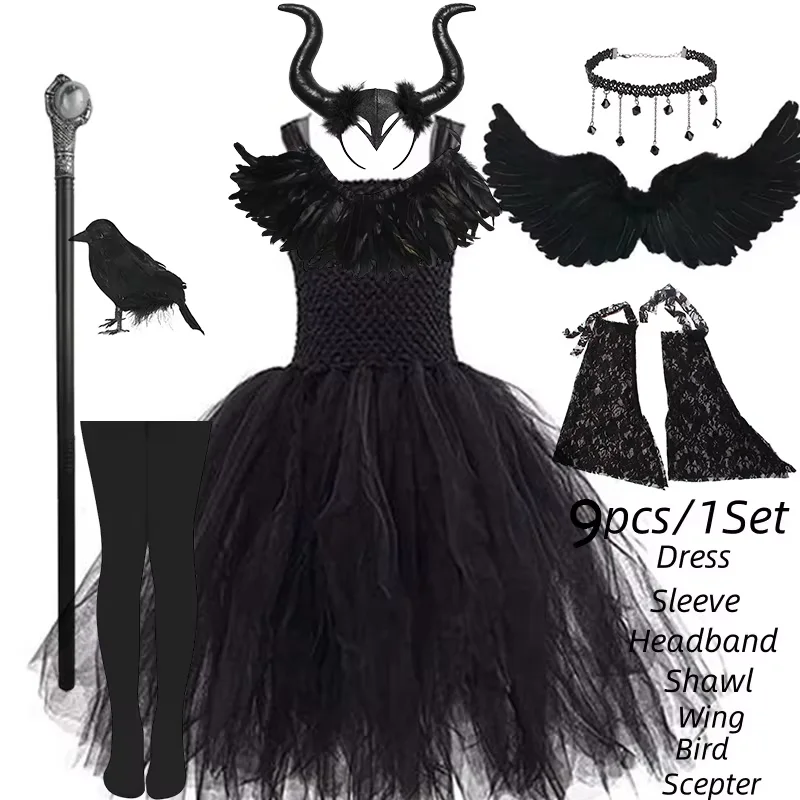 Handmade Tutu Princess Dress Girls Cosplay Costume Evil Queen Black Mesh Children's Carnival Party  Wand Demonic Witch Dress