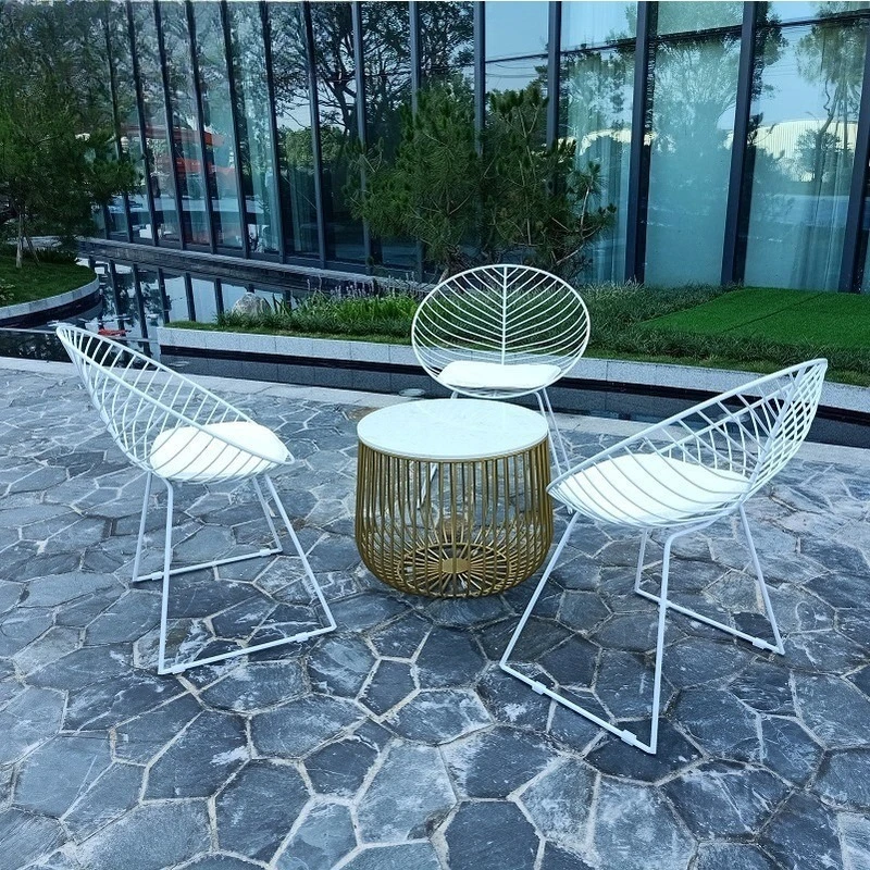 

Nordic Outdoor Table and Chair Set, Iron Leaf Chairs with Stone Coffee Table for Patio or Café Relaxation Patio Furniture