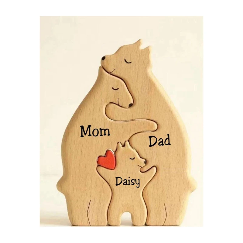 Wooden Bear Family Statue Family Art Puzzle Desktop Ornament Family Heart Puzzle Home Decoration Mother's Day Gift