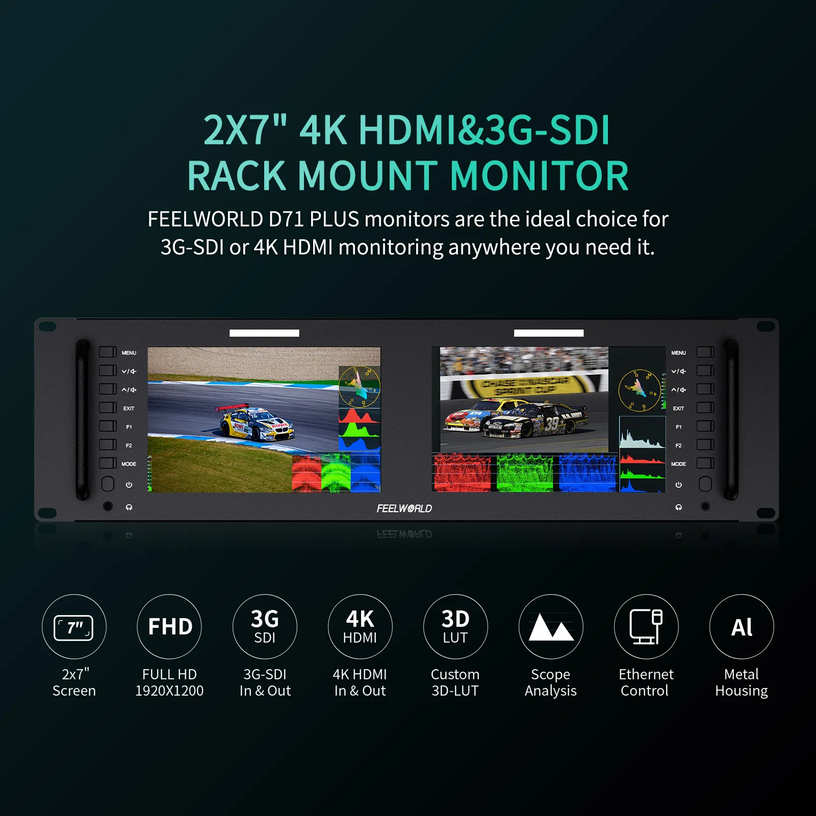 شاشة FEELWORLD D71 PLUS مزدوجة 7 بوصة 3RU SDI HDMI مثبتة على الرف IPS Full HD 1920x1200 مع جهاز تحكم عن بعد ثلاثي الأبعاد على الموجي
