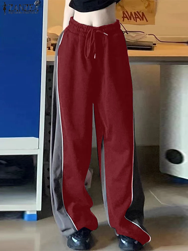 

ZANZEA 2025 Women Pants Casual Color Patchwork Long Wide Leg Trousers Fashion Elastic Waist Loose Sporty Streetwear Pantalons