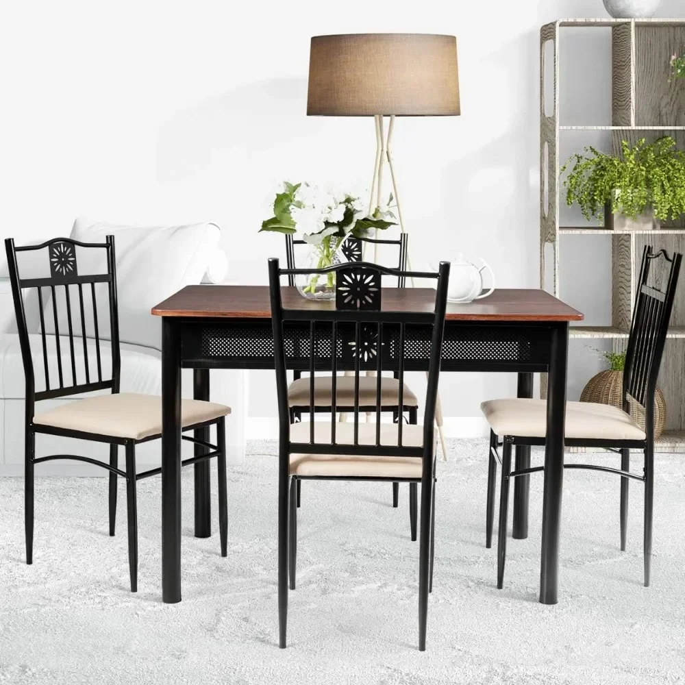 

#For 5 Piece Dining Table and Chairs Set Vintage Wood Top Metal Frame Padded Seat Dining Table Set Dining Room Furniture
