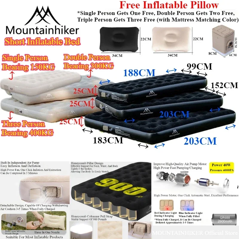 MOUNTAINHIKER Interior Inflatable Air Mattress Mats PVC Inflatable Sleeping Mattress 1/3 Person Camping Bed Mat Built-in Pump