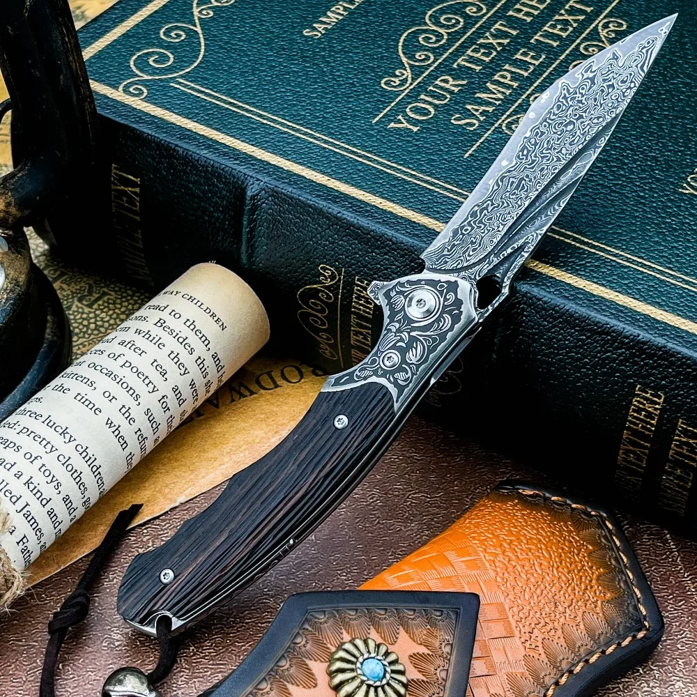 

Складной нож для выживания, изысканный нож высокой твердости, лезвие из дамасской стали, ручка из черного дерева, ножи для кемпинга на открытом воздухе, карманный нож