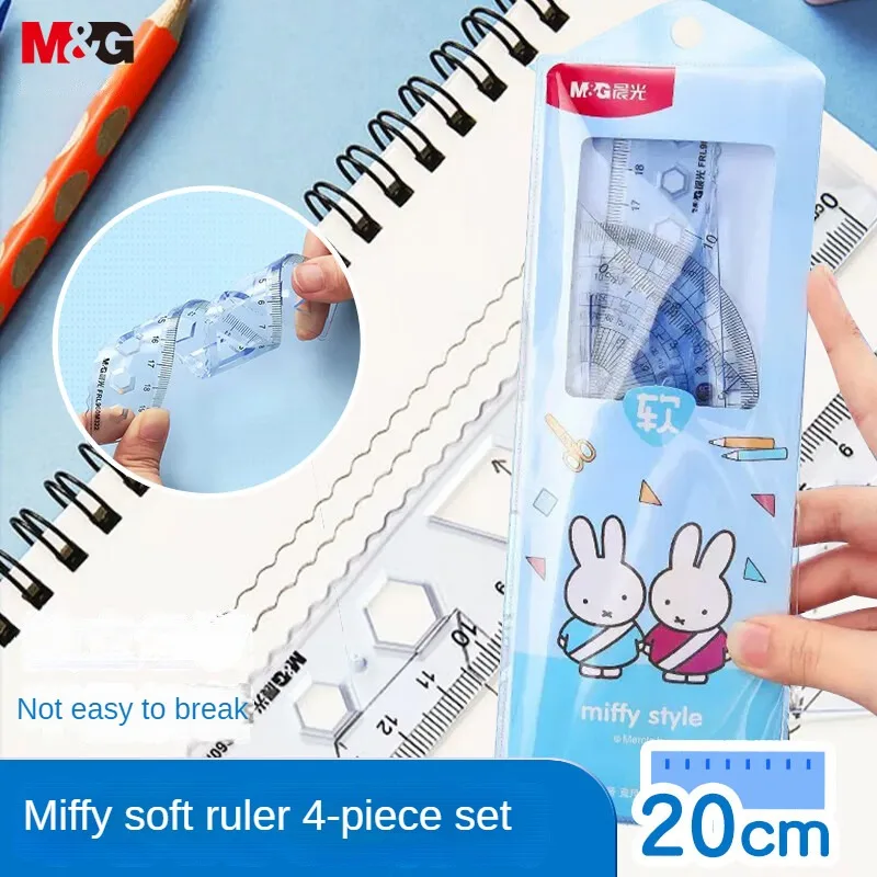 M&G 4pcs Miffy Student Soft Ruler Large Set (20cm/15cm Straight Ruler/Triangular Ruler*2/Protractor)  for Measuring Drawing Blue