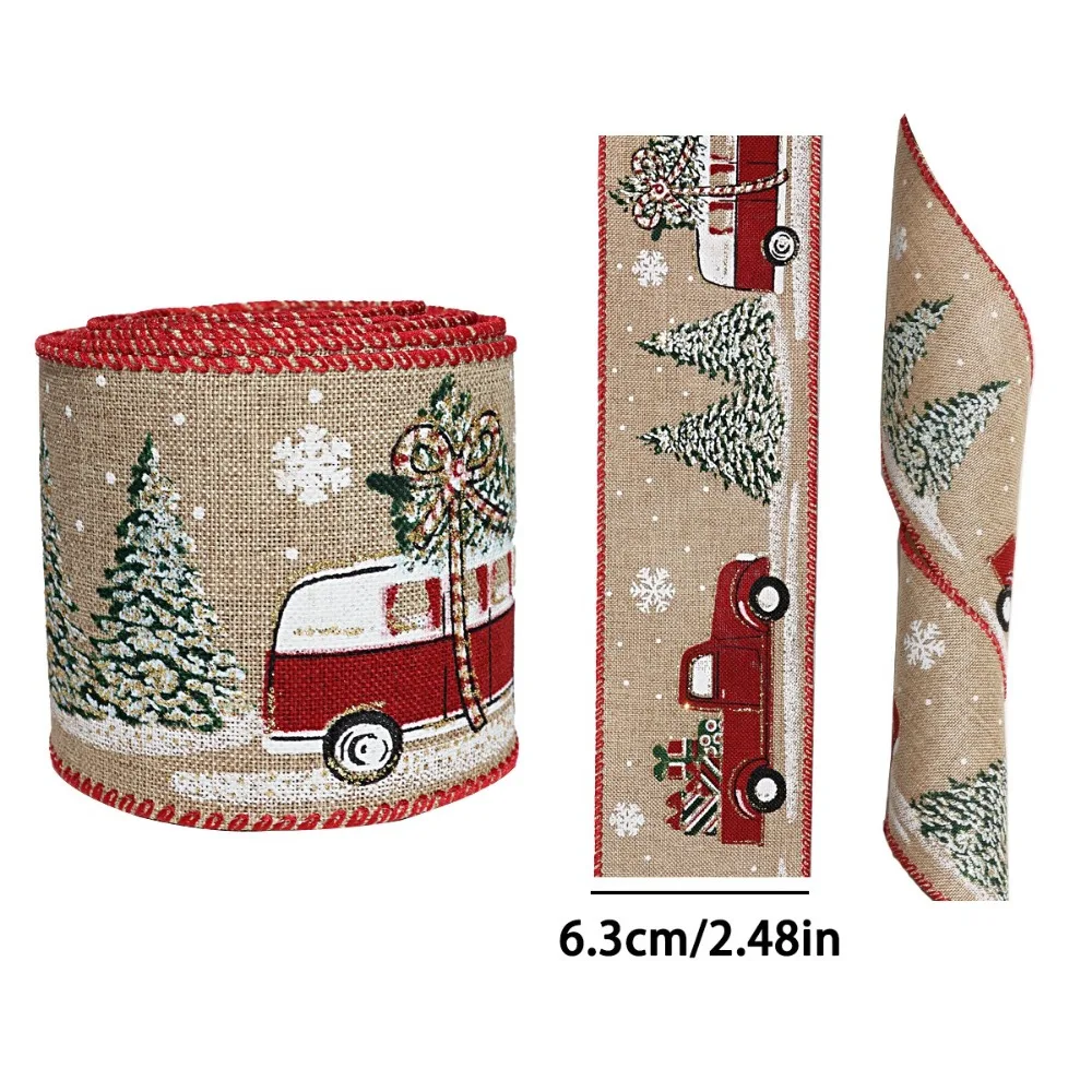 

New Year Linen Christmas Ribbon Red Green Snowflake Print Wire Edge Ribbon 5M Roll Linen Ribbon Hair Accessories