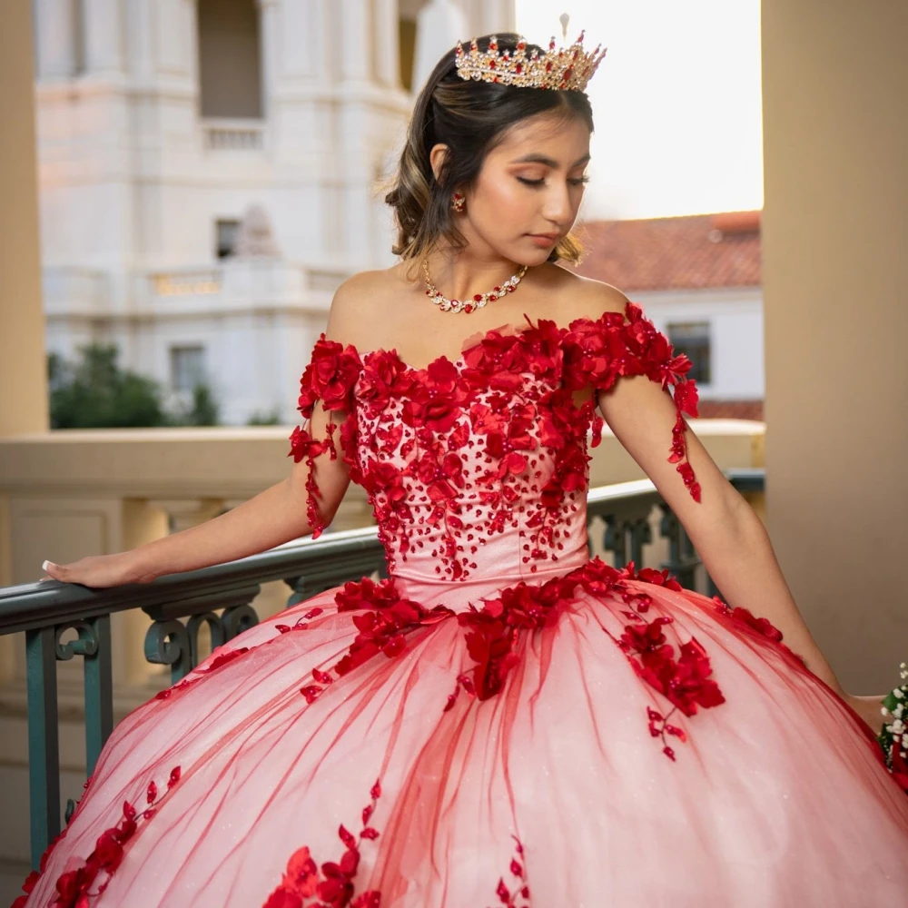 Red Appliques 3D Flower Quinceanrra Prom Dresses Glitter Sequins Pearls Princess Customized Charming Sweet 16 Dress Vestidos