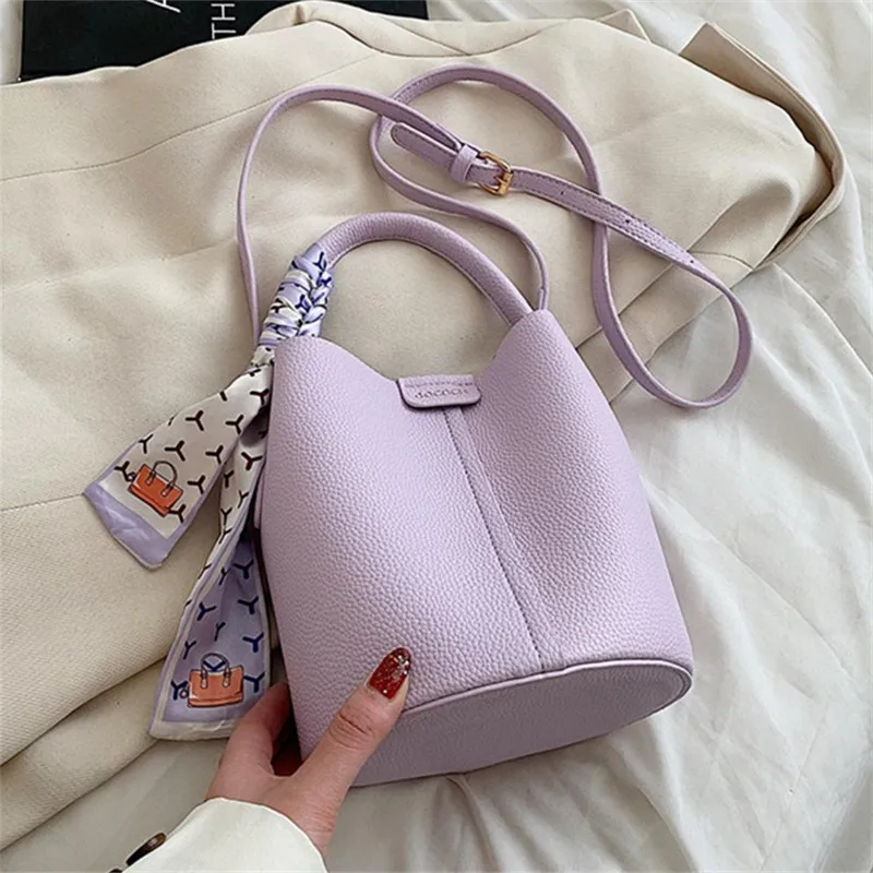 Faux Leather Bucket Shoulder Bag with Scarf