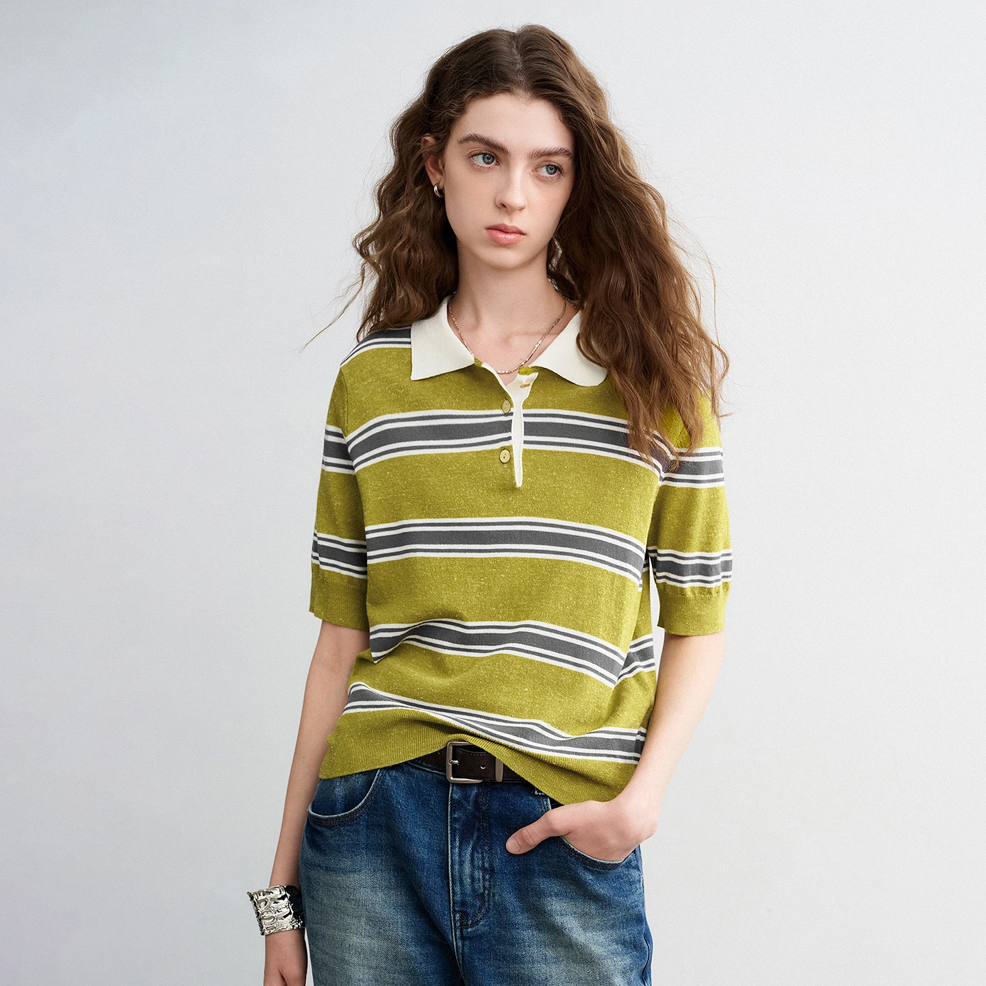 Women's Striped Polo Shirt - Breathable Comfort Knit Top