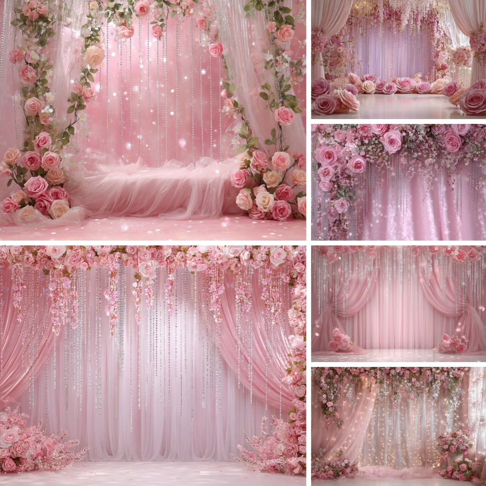 

Wedding Flower Photography Backdrop Pink Floral White Curtains Bridal Shower Baby Birthday Party Maternity Background Photoshoot