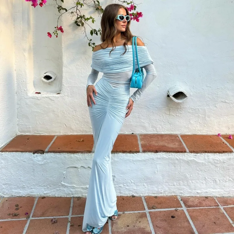 DINADD – robe une col, Sexy, élégante, dos nu, maille de fête, légèrement transparente, manches longues plissées, longueur au sol, 2025