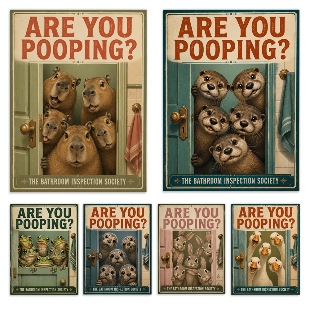 Retro raccoon, cat, frog, duck, rabbit, capybara, pug, raccoon, otter bathroom wall decorations, fun animal poop posters.