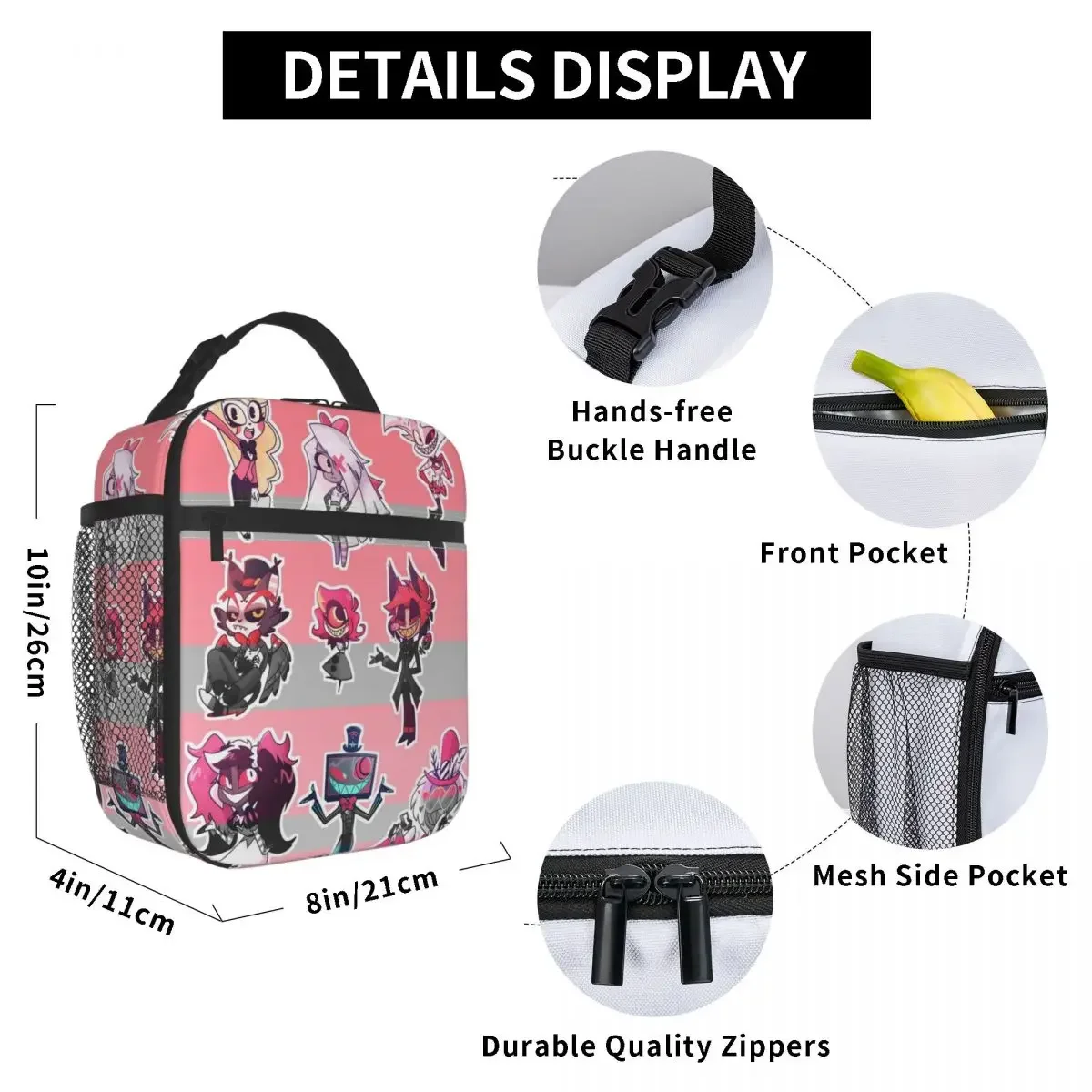 Hazbin Hotels Anime Insulated Lunch Bag Alastor Angel Dust Storage Food Box Reusable Cooler Thermal Lunch Boxes For Picnic