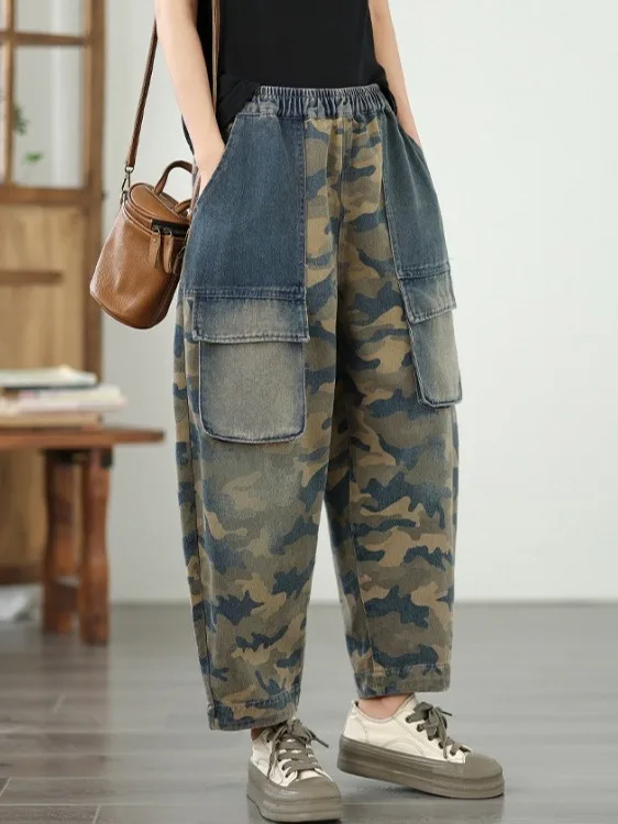 

Женские джинсы большого размера Color Blo с множеством карманов, свободные повседневные брюки, утягивающие, длиной до щиколотки, в стиле «гарлен»