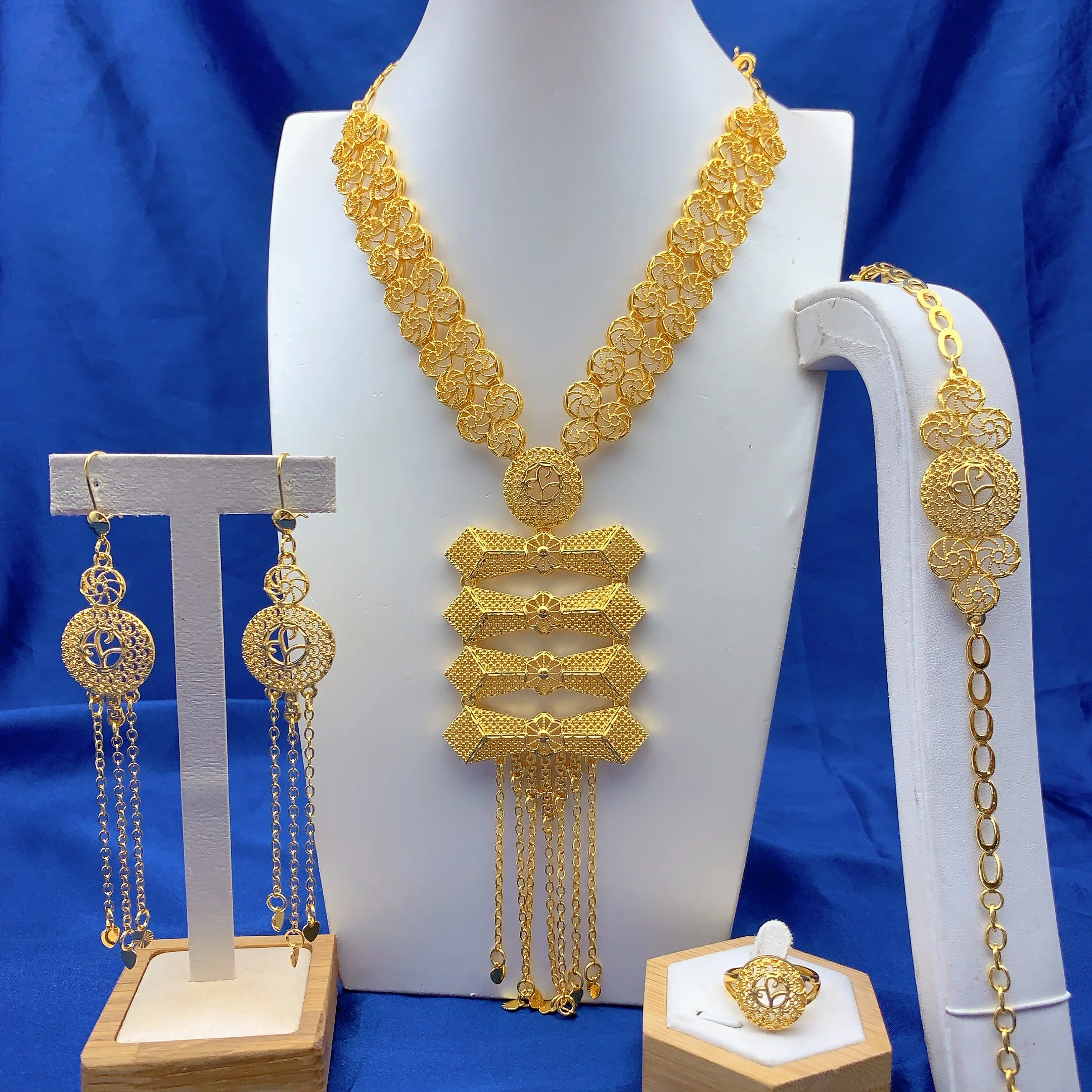 Äthiopisches 24K Goldfarbenes Schmuckset für Frauen, Brautschmuck, Dubai, Nigerianisch, lange Quastenkette, Armband, Ohrringe, Ringsets, Partygeschenk