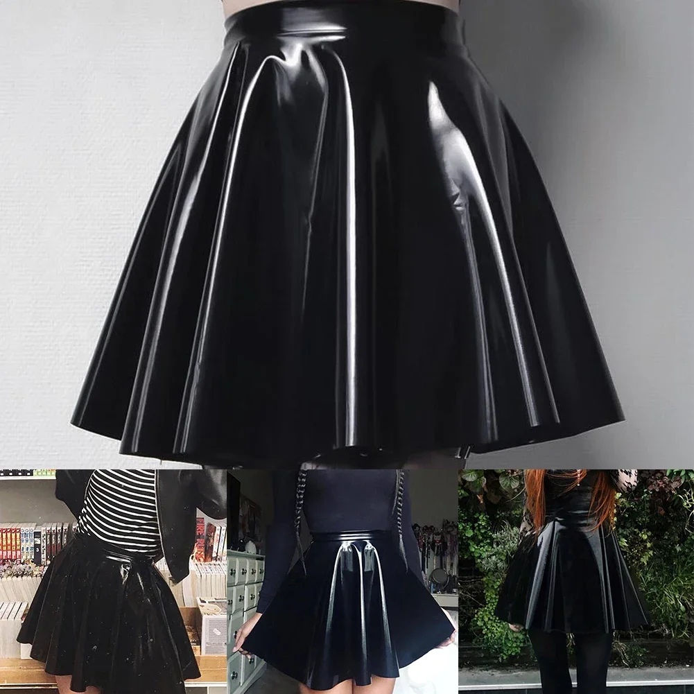 Women's PVC High Waist Slim Fit Leather Pleated Glossy Skirt Flare A Line Skate Skirt Club Wear Dance Solid Color Women's Mini S