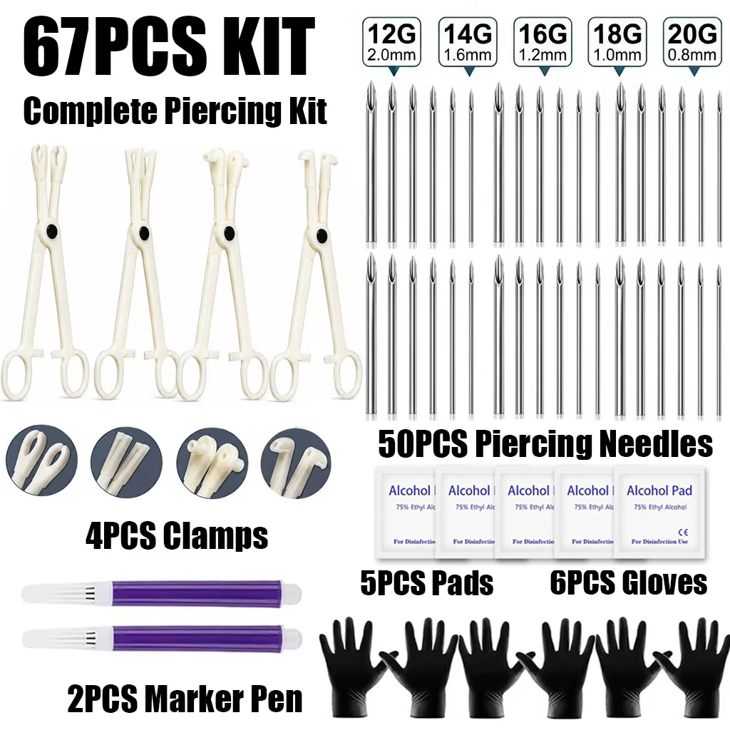 67/31/16pcs Piercing Needles Clamps Kit Mixed 12G 14G 16G 18G 20G Needles Piercing Clamps Forceps Gloves  Ear Nose Piercing Kit