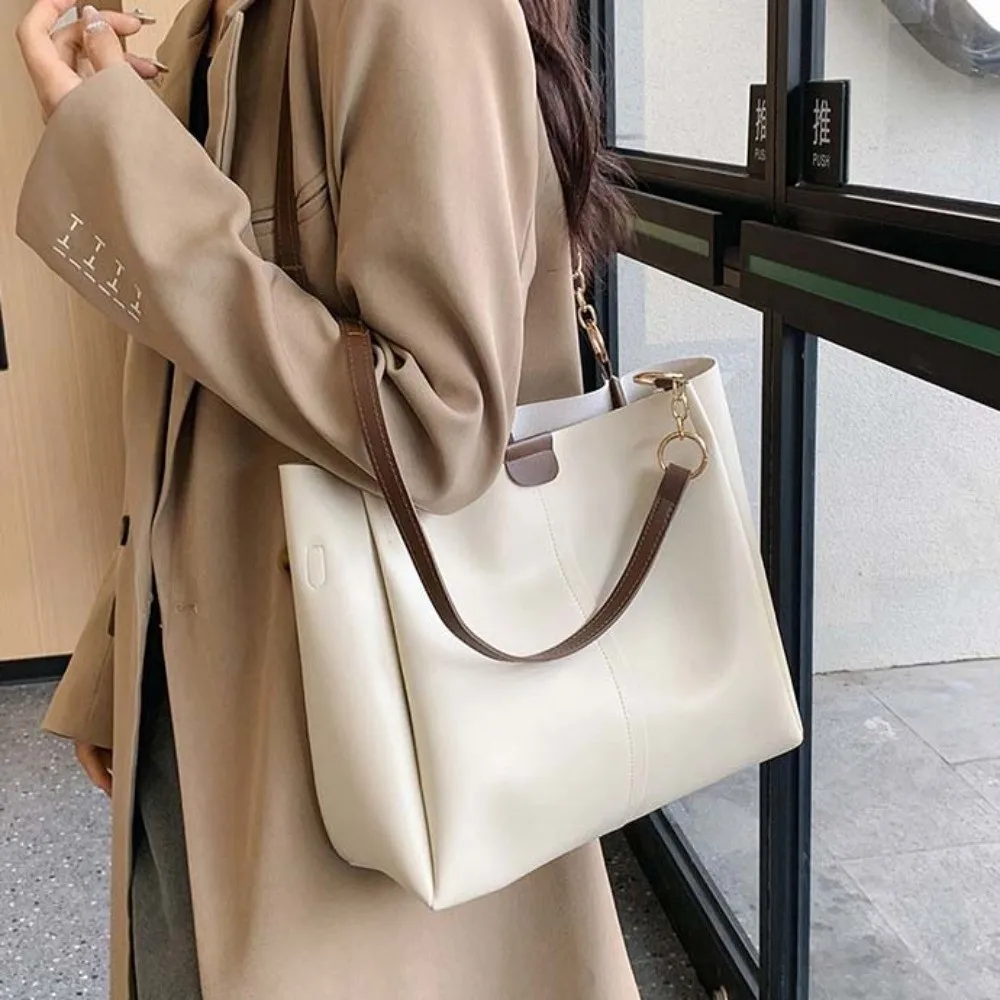 

Solid Color PU Tote Bag Anti-splash Water Lightweight Women Shoulder Pouch Magnetic Button Handbag Large Capacity Commuting Bag