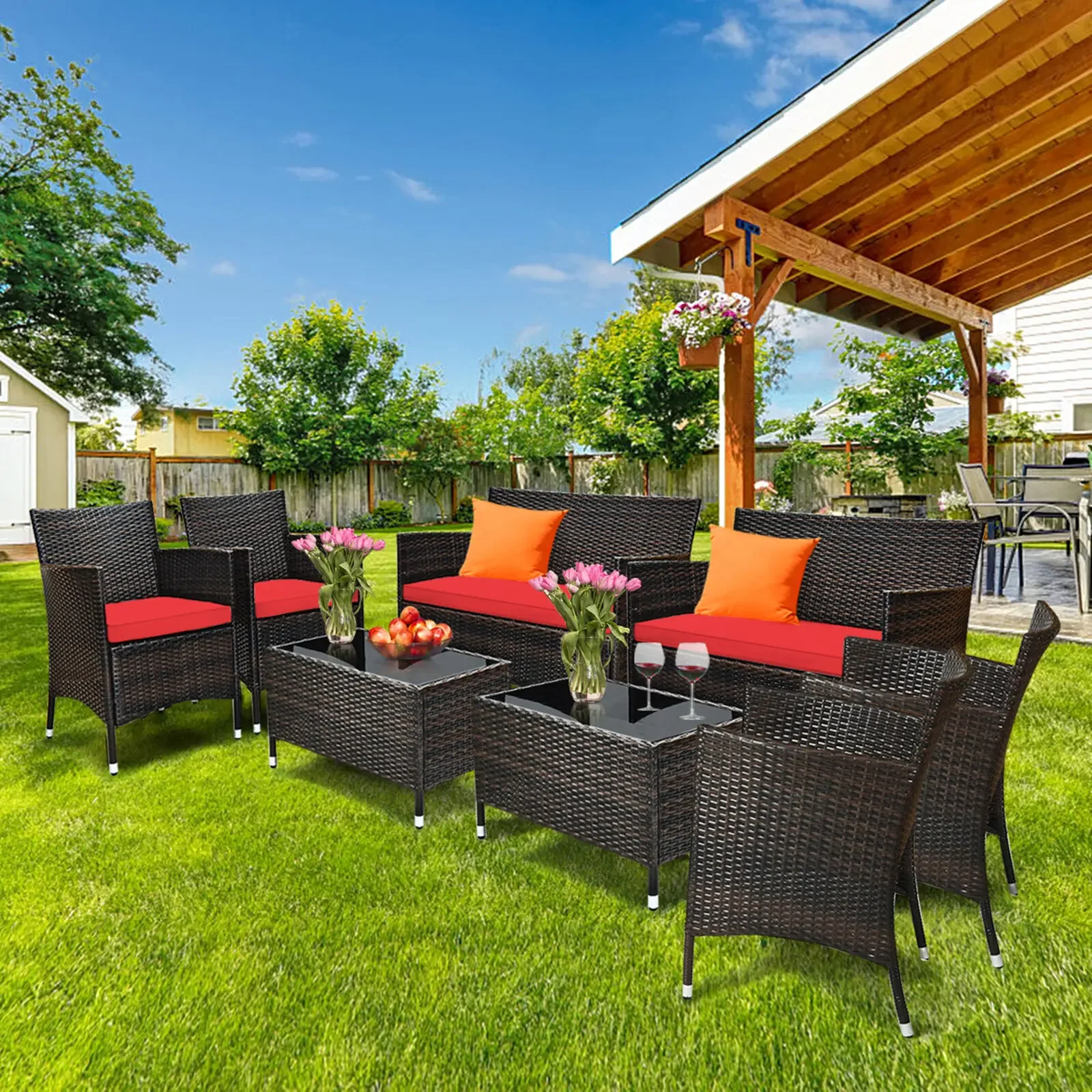 

8PCS Patio Rattan Conversation Furniture Set Outdoor w/ Red Cushion