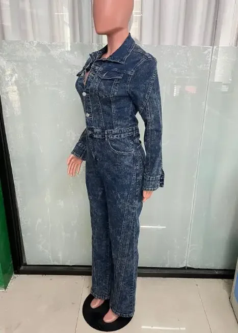 

Women's Fashion Long Jumpsuits New Style Female Loose Elastic Stir Fried Flower Washed Long Sleeve Patchwork Denim Jumpsuit