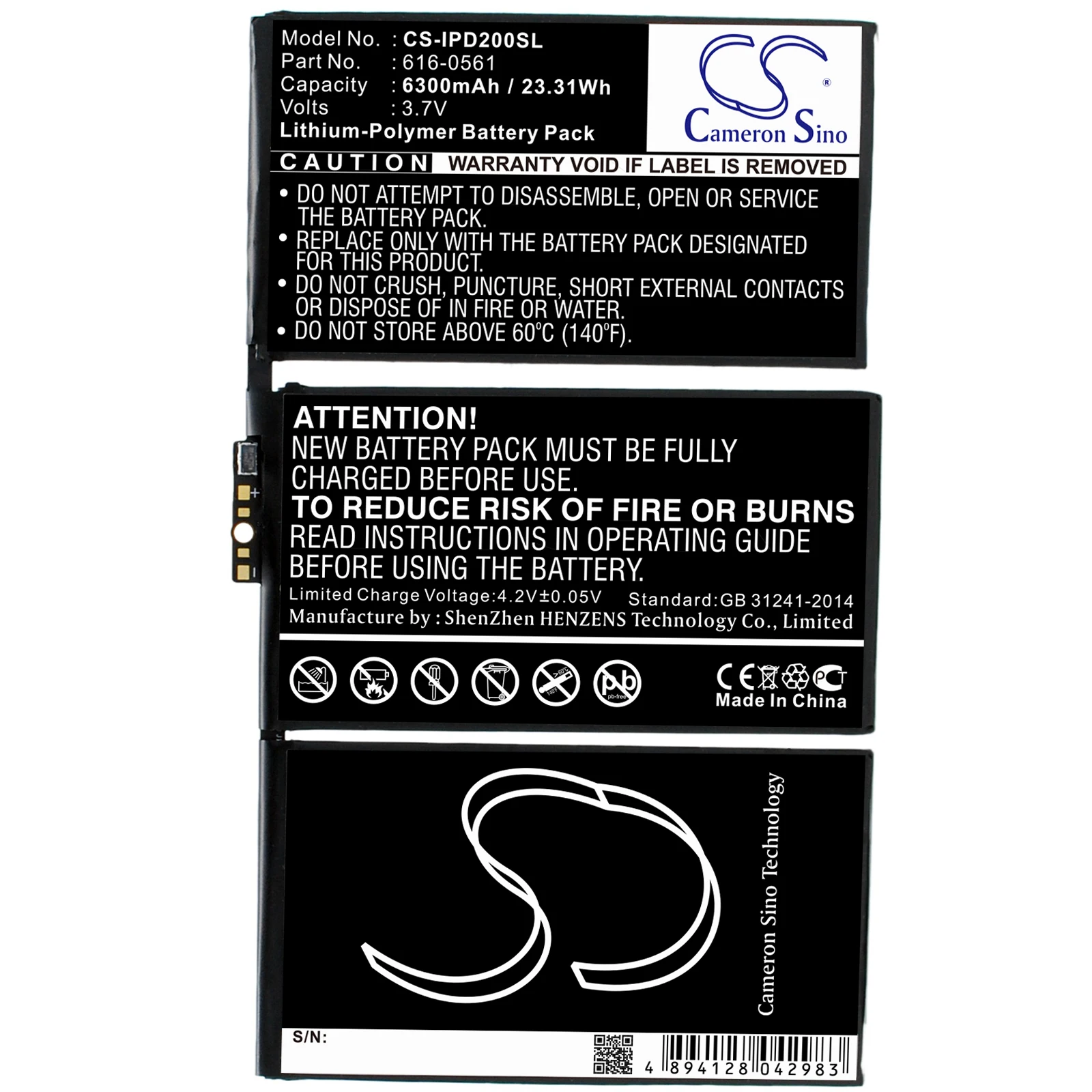 Batería de repuesto CS para Apple iPad 2, iPad 2 3G, iPad 2 WIFI, A1376, A1316, iPad 2 16GB Wi-Fi, iPa PN:616-0561 6300mAh / 23.31Wh