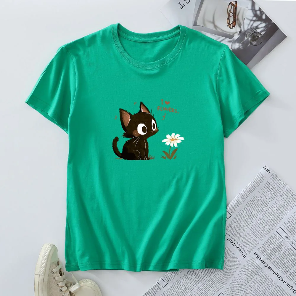 Damska bawełniana koszulka T-shirt Moda Kawaii Harajuku Kot Grafika T-shirty Letnie Krótkie Rękawy Damskie Koszulki Topy Odzież Damska — zdjęcie 6