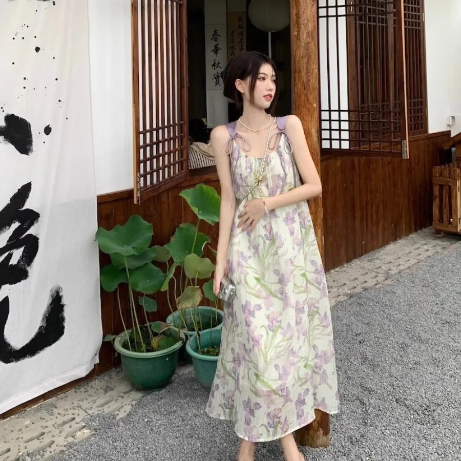 

【New style】Tea break French sleeveless flower sling dress children summer new high-end feeling slimming long skirt
