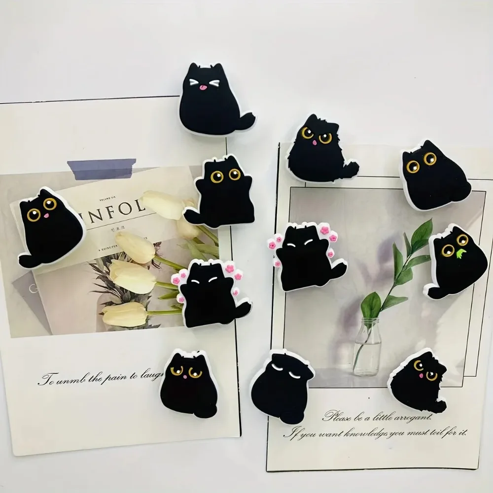 6pcs Kawaii Chubby Black Cat Fridge Magnets, Decorative Plastic Resin, Multi-Use for Kitchen and Office, Ideal Holiday Gift
